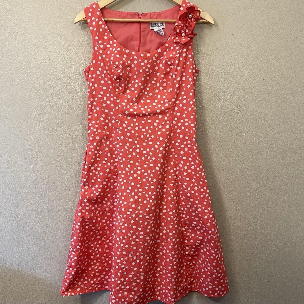 VTG Robbie Bee Coral Pink Dress Abstract Polka Dot Pin Up Rockabilly Retro Sz 6